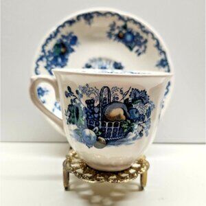 Mason's Fruit Basket Tea Cup & Saucer Ironstone Vintage Set Cream & Blue